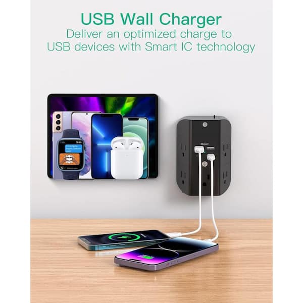 EKIEUDL - 5-Outlet Power Strip Surge Protector Extender Splitter with 4 USB Port in Black
