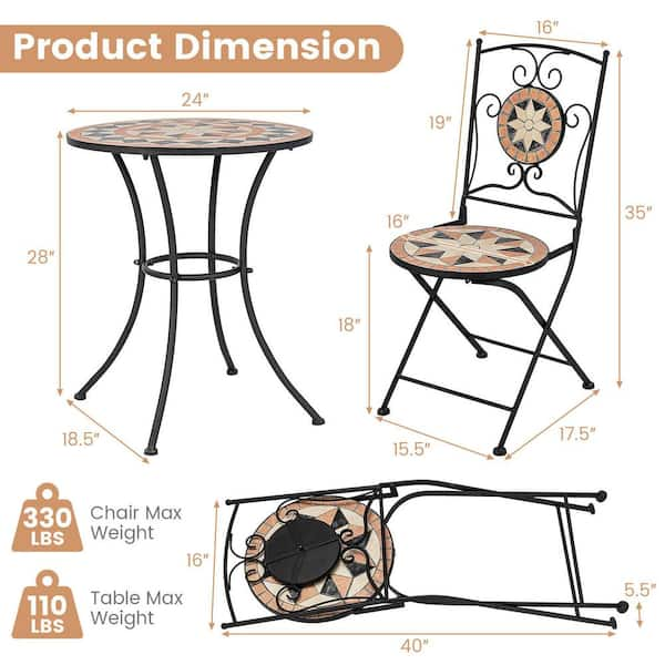 ANGELES HOME 3 Piece Metal Outdoor Bistro Set with 1 Round Mosaic