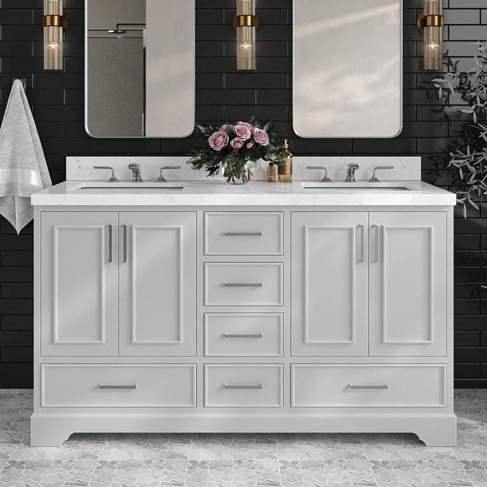 Stafford 60 in. W x 22 in. D x 36 in. H Double Sink Freestanding Bath Vanity in Grey with Carrara White Quartz Top -  ARIEL, M060DCQRVOGRY