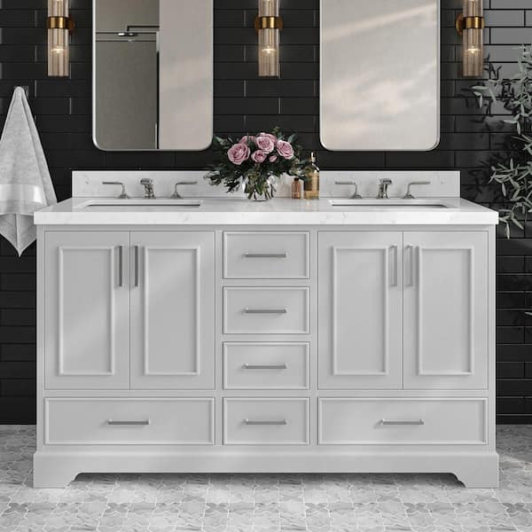 ARIEL Stafford 60 in. W x 22 in. D x 36 in. H Double Sink Freestanding Bath Vanity in Grey with Carrara White Quartz Top