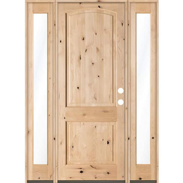 70 in. x 96 in. Knotty Alder 2-Panel Arch-Top Left-Hand/Inswing Clear Glass Unfinished Wood Prehung Front Door w/ DFSL