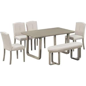 Light Khaki 6-Piece Dining Table with 4 Upholstered Chairs and 1 Bench