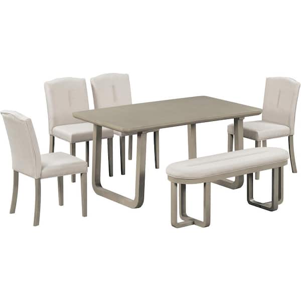 Nestfair Light Khaki 6-Piece Dining Table with 4 Upholstered Chairs and 1 Bench