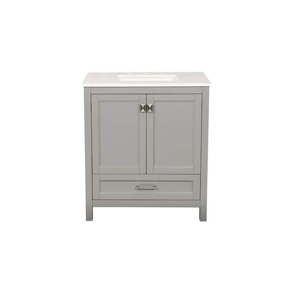 30 in. Single Sink Freestanding Gray Bath Vanity with White Marble Top, Open Back for Plumbing, Fully Assembled