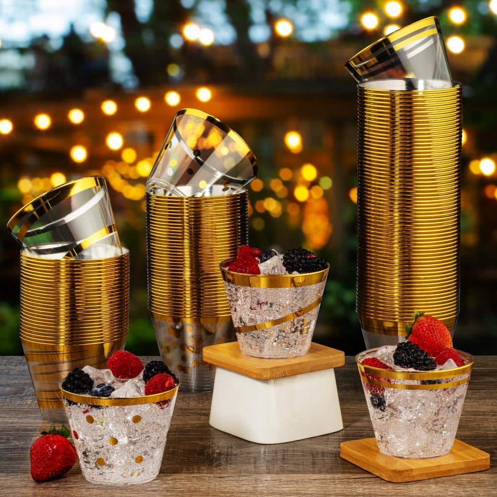 Elegant Gold Swirl Clear Disposable Plastic Tumblers, 9 oz, Set of 110
