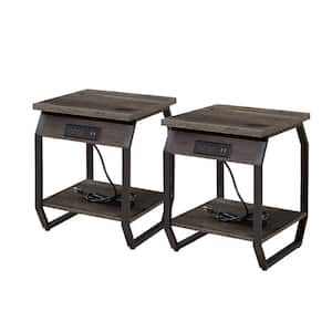 Industrial 17.3 in. Grey Square Wood End Table Nightstands Set of 2 with Charging Station USB Port & Open Storage Shelf