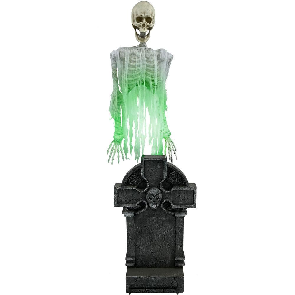 Haunted Hill Farm 69 in. Motion-Activated Floating Skeleton Ghost Over Tombstone by Tekky, Premium Halloween Animatronic, Battery