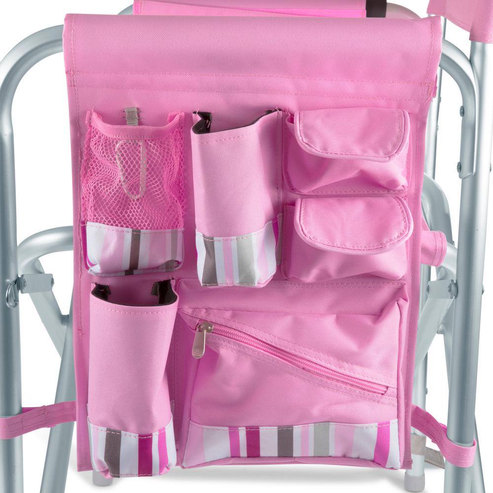Pink Striped Aluminum Folding Camping Chair with Side Table