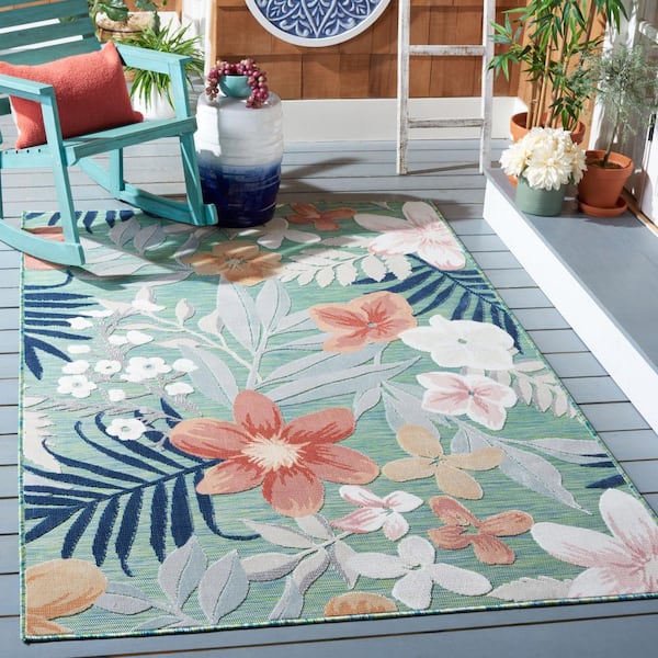 Cabana Green/Rust Doormat 3 ft. x 5 ft. Multi-Floral Striped Indoor/Outdoor Area Rug