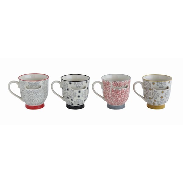 Storied Home 8 oz. Decorative Stoneware Mugs with Tea Bag Holders in Multicolor (Set of 4)