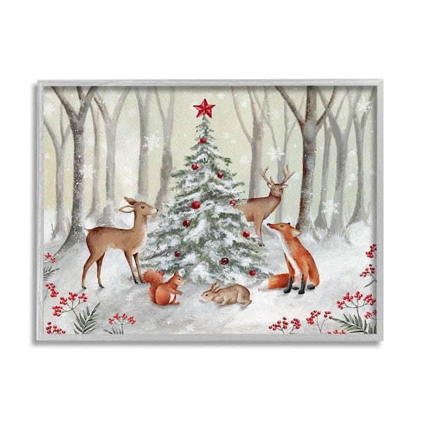 Stupell Industries Forest Animals and Christmas Tree by Emma Leach 1-Piece Framed Graphic Print Animal Poster Art Print 20 in. x 16 in.