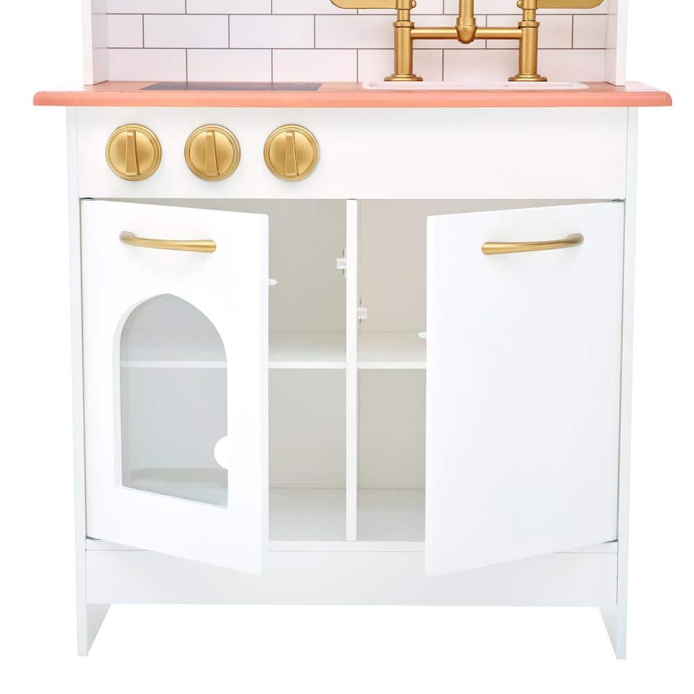 White and Gold Wooden Play Kitchen with Accessories