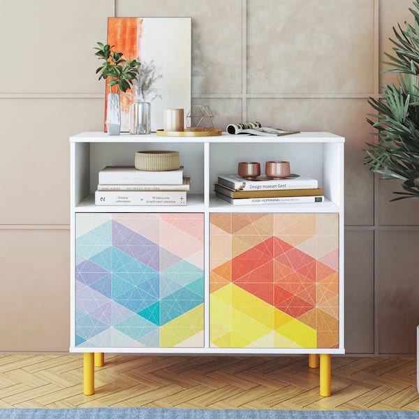 Retro Mid-Century Modern White and Red, Yellow. Blue Print Composite Wood 35.43 in. Sideboard with 6 Storage Shelves