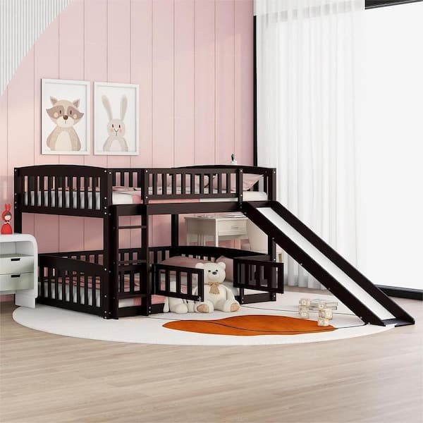 Harper & Bright Designs Espresso Full over Full Wooden Low Bunk Bed with Fence, Slide, and Ladder