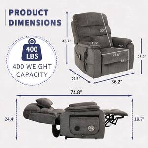 Boss Oversized Dual OKIN Motor Chenille Recliner Chair with Massage, Heating, Wireless charging and Cup Holder - Grey