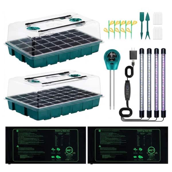 Seed Starter Tray Kit with Grow Light, Heat Mat, Humidity Dome, Self-Watering System, Seedling Tray, 2 Pack