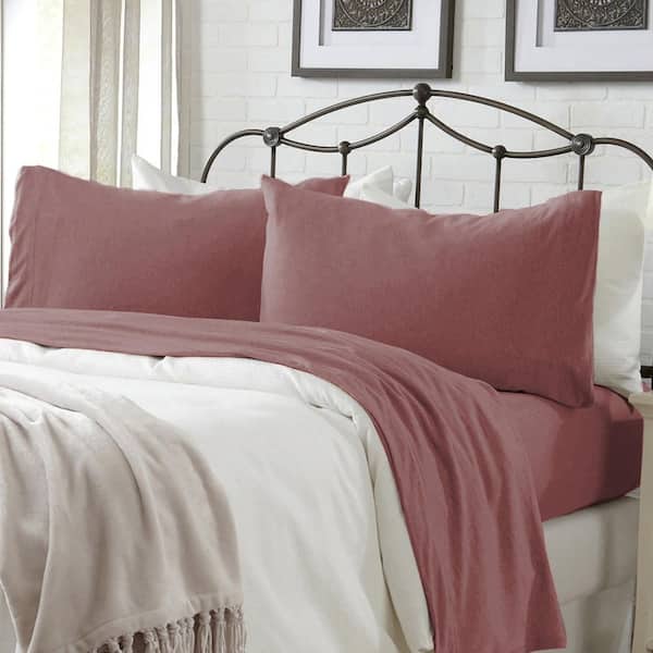 Pink Ultra-Soft Cotton Heathered Melange Jersey Knit King Sheet Set