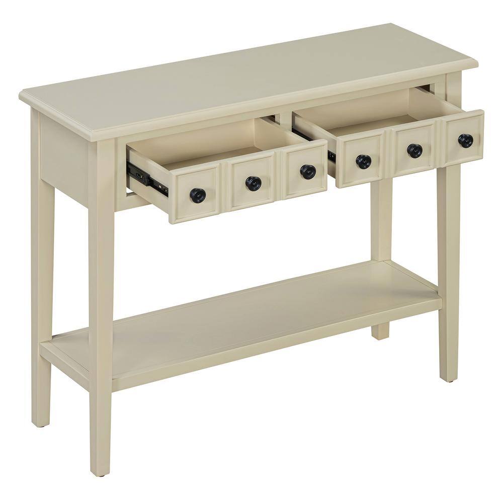 38.2 in. Light Tan Rectangle Wood Console Table with 2 Drawers and Open Lower Shelf