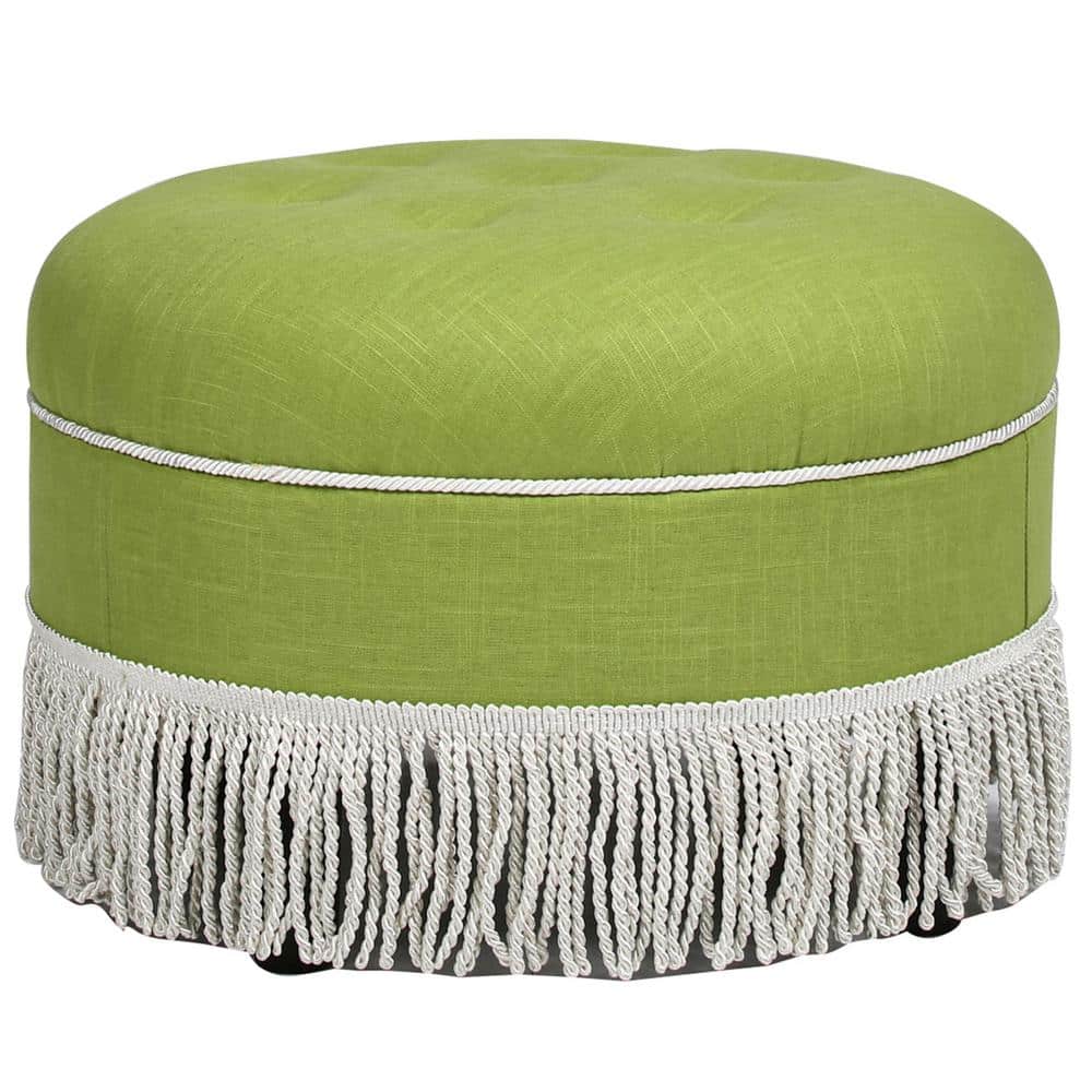 Bright Chartreuse Linen Cotton Blend Round Tufted Ottoman with Ivory Trim