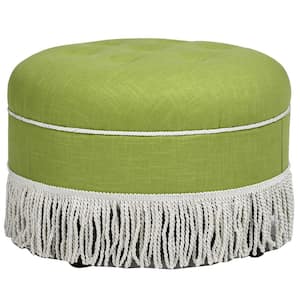 Yolanda 24 in. Bright Chartreuse Linen Cotton Blend Round Upholstered Accent Ottoman with Gold Trim