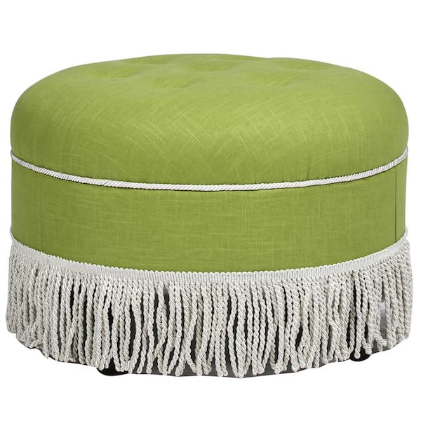 Jennifer Taylor Yolanda 24 in. Bright Chartreuse Linen Cotton Blend Round Upholstered Accent Ottoman with Gold Trim