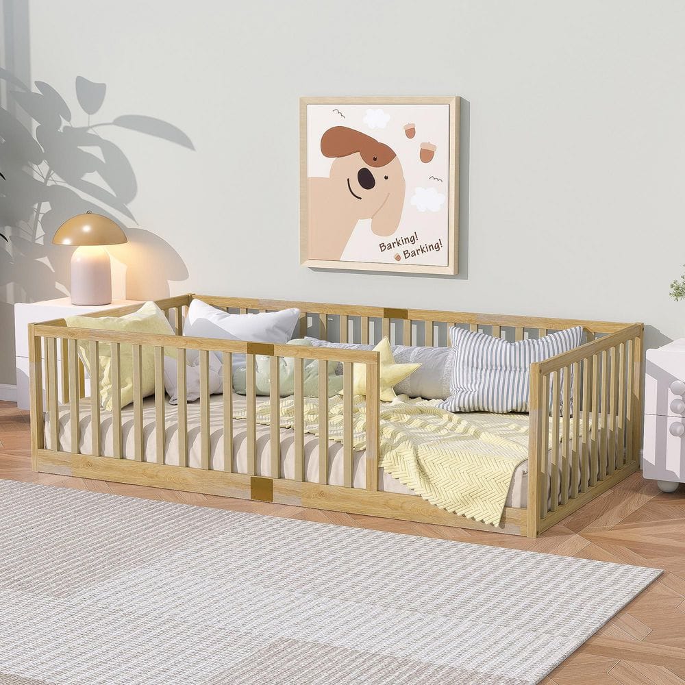 Natural Brown Wood Frame Twin Size Platform Bed with High Fence Railings (without Door)