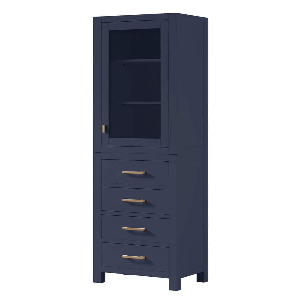 Navy Blue Poplar Wood Freestanding Bathroom Linen Cabinet with Adjustable Shelving