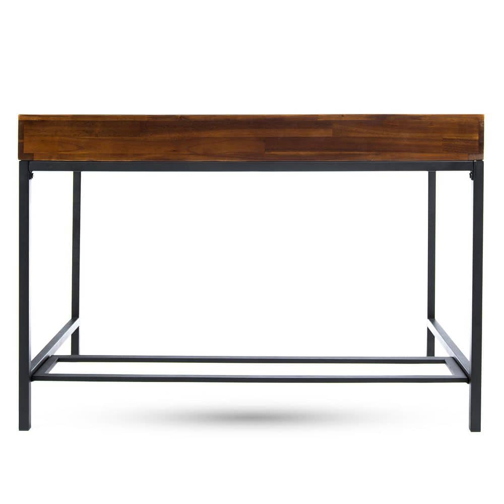 Rustic Dark Oak Acacia Wood Desk with Metal Frame and Dual Drawers
