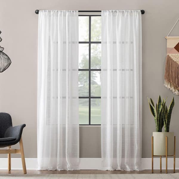 CLEAN WINDOW Aya Textured Slub Stripe Linen Blend 52 in. W x 63 in. L Sheer Rod Pocket Curtain Panel in White