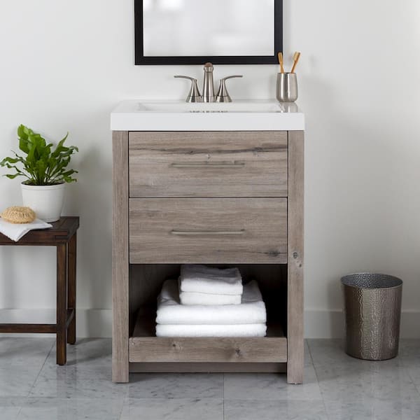 Domani Rowley 25 in. W x 19 in. D x 34 in. H Single Sink  Bath Vanity in White Washed Oak with White Cultured Marble Top