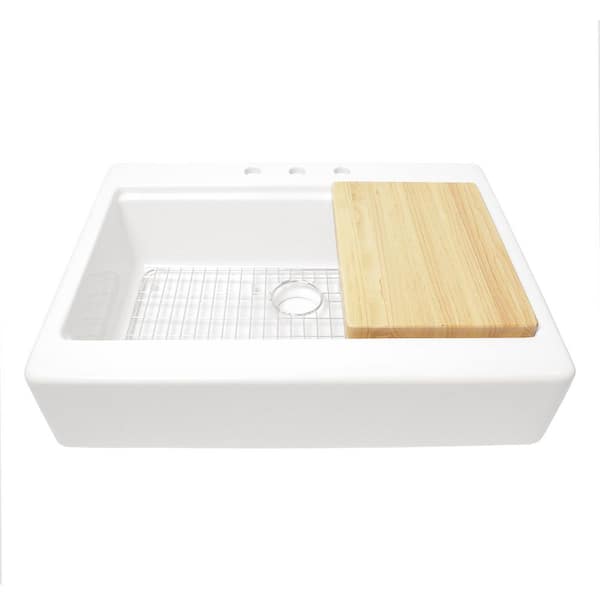Parker 34 in. 3-Hole Quick-Fit Farmhouse/Apron-Front Drop-In Single Bowl White Fireclay Workstation Kitchen Sink