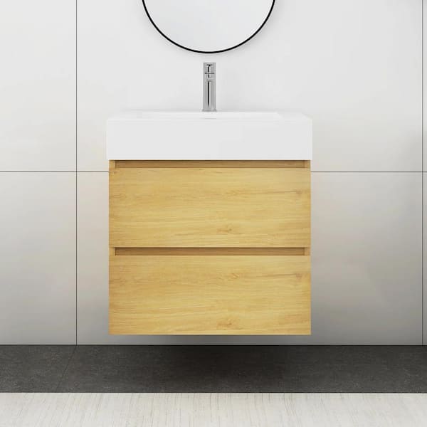 Boosicavelly 24 in. W x 18 in. D x 25 in. H Single Sink Floating Bath Vanity in Natural Oak with White Solid Surface Top