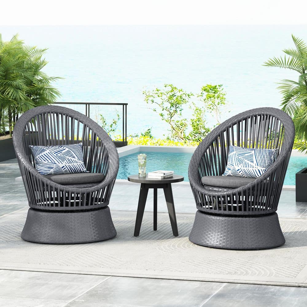 26.7 in. Modern Gray Wicker Outdoor Lounge Chair with Gray Cushions (2-Pack