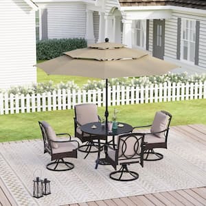 6-Piece Metal Patio Outdoor Dining Set with Beige Cushions with 4 Swivel Dining Chairs and Beige Umbrella