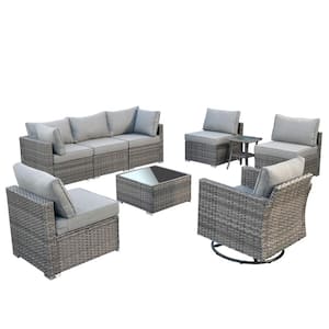 Sanibel Gray 9-Piece Wicker Outdoor Patio Conversation Sofa Set with a Swivel Rocking Chair and Dark Gray Cushions