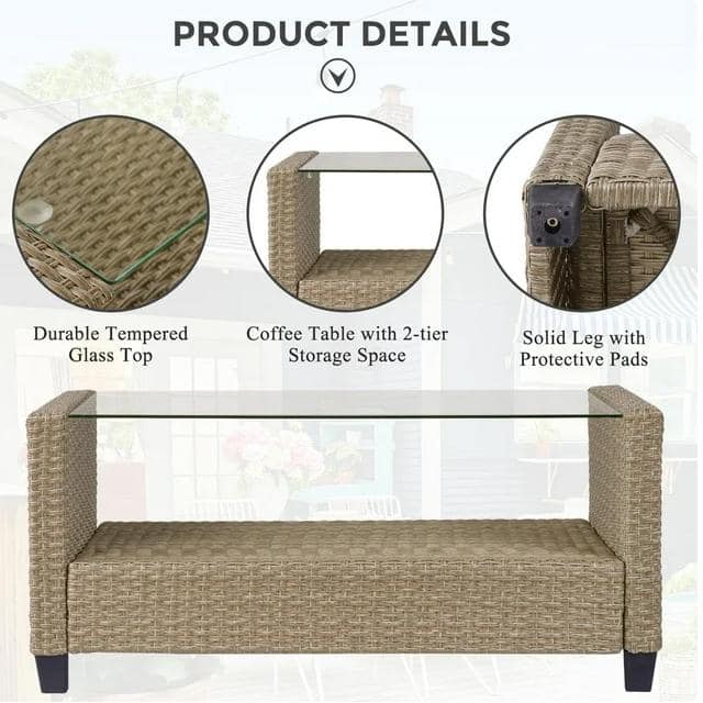 4-Piece Beige Brown Wicker Patio Set with Gray Cushions