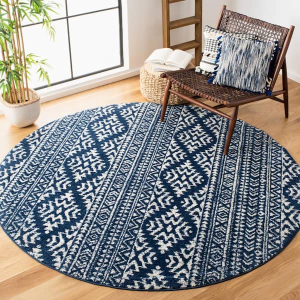 Tulum Navy/Ivory 7 ft. x 7 ft. Round Tribal Geometric Striped Area Rug