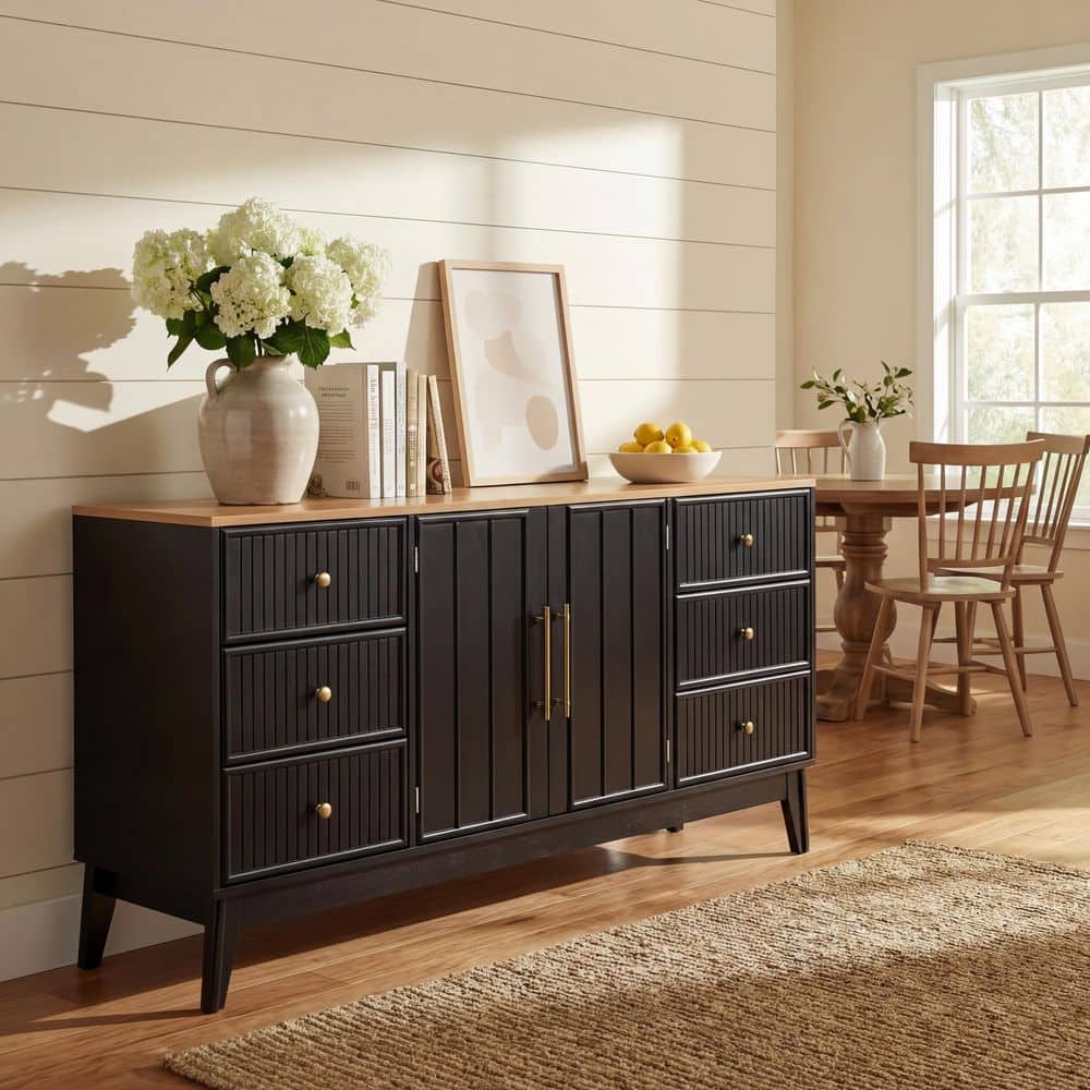 Scarlett Modern Black MDF and Wood 60 in. Buffet Sideboard Accent Storage Cabinet with 6 Drawers, Adjustable Shelves