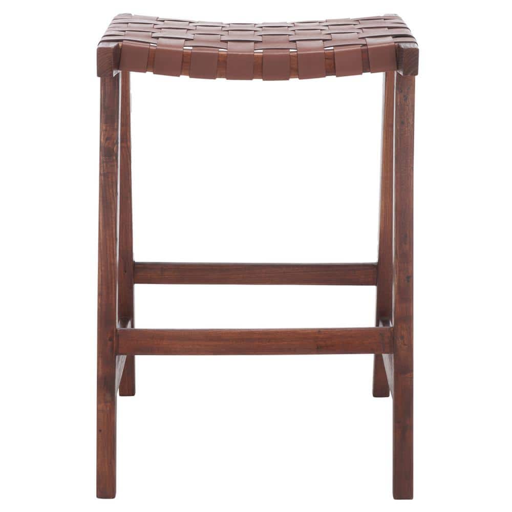 Cognac Woven Leather and Walnut Wood Backless Counter Stool