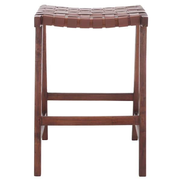 SAFAVIEH Abreu 26.77 in. Cognac/Walnut Backless Wood Frame Counter Stool