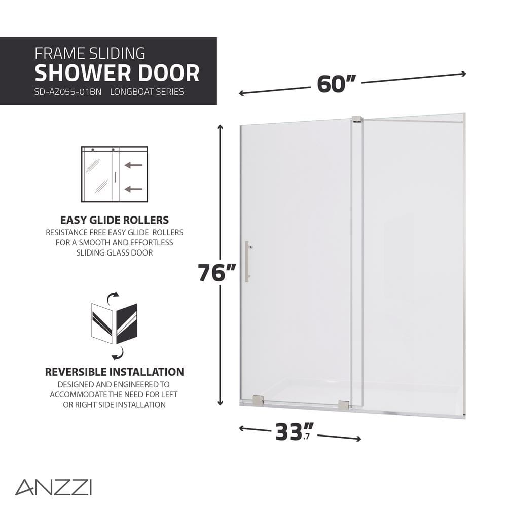 76" Brushed Nickel Semi-Frameless Shower Door with Tsunami Guard