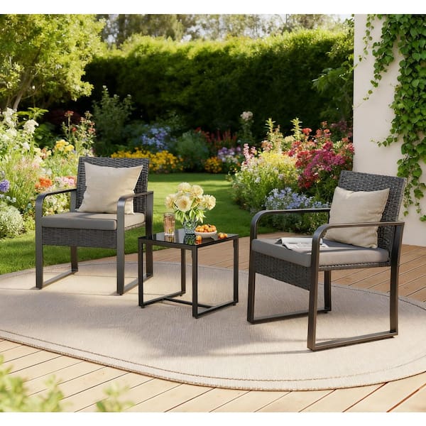 3-Piece Gray Rattan Hand-Woven PE Bistro Set with Table and Cushions for Courtyard, Poolside, and Porch