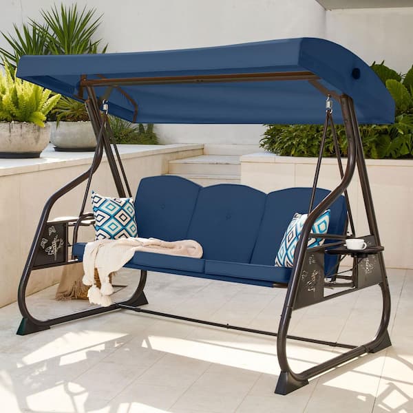 3-Person Metal Patio Swing Porch Swing with Stand, Blue Cushions