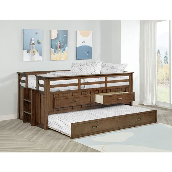 Carlsbad Brown Wood Twin Captains Panel Bed with Trundle and Storage