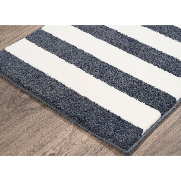 Beach Stripe Slate Blue/White Striped Polypropylene Washable Rectangle 2 Piece Bath Rug Set