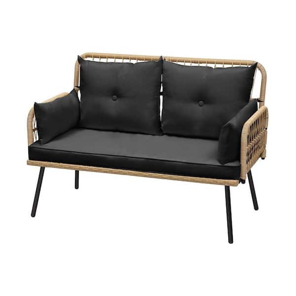 Unbranded Light Brown 1-Piece Wicker Outdoor Loveseat with Black Cushions