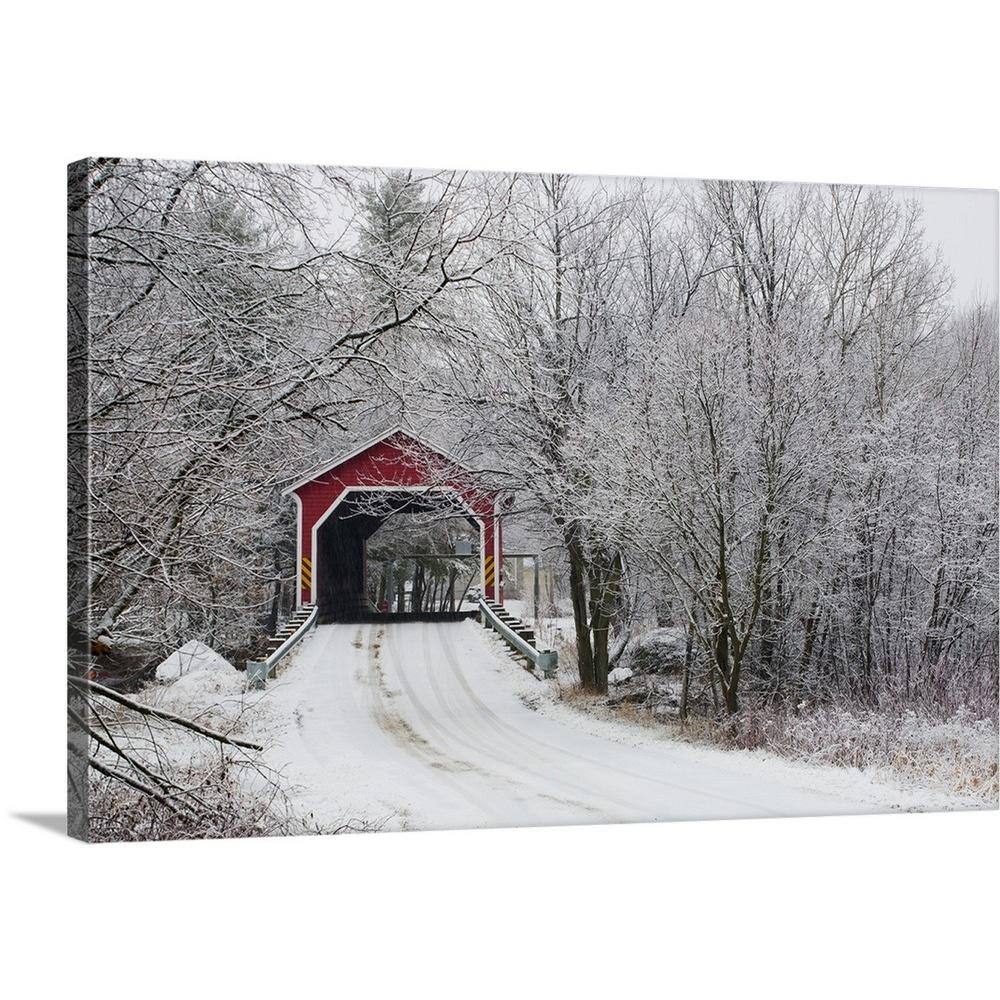 Red Covered Bridge In The Winter; Adamsville Quebec Canada by David Chapman Canvas Wall Art price history on PriceWatchPro