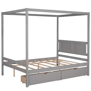 Gray Full Size Canopy Platform Bed with 2-Drawers, Slat Support Leg