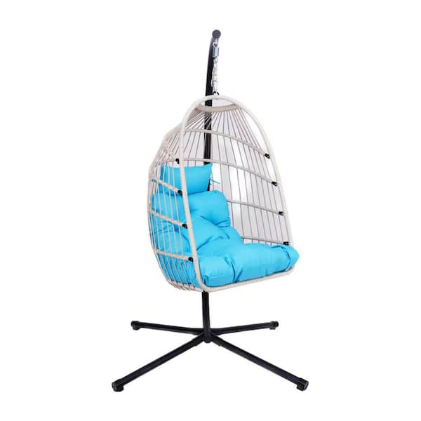 Nestfair Wicker Outdoor Patio Swing Egg Chair Hammock Egg Chair with Stand and Blue Cushion