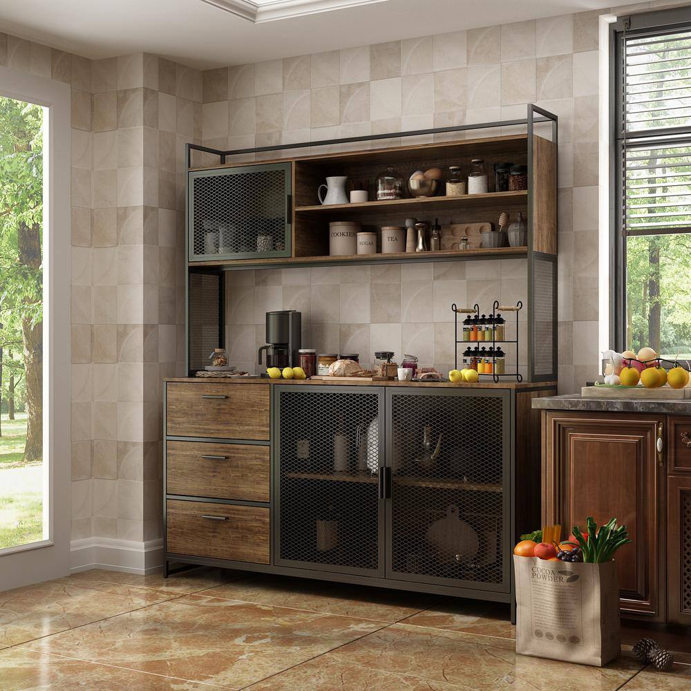 FUFU&GAGA 59 in. W Kitchen Brown Wood Buffet Sideboard Pantry Cabinet For Dining Room with Metal Mesh Doors, 3-Drawers, Shelves FUFU&GAGA 59 in. W Kitchen Brown Wood Buffet Sideboard Pantry Cabinet For Dining Room with Metal Mesh Doors, 3-Drawers, Shelves - 1